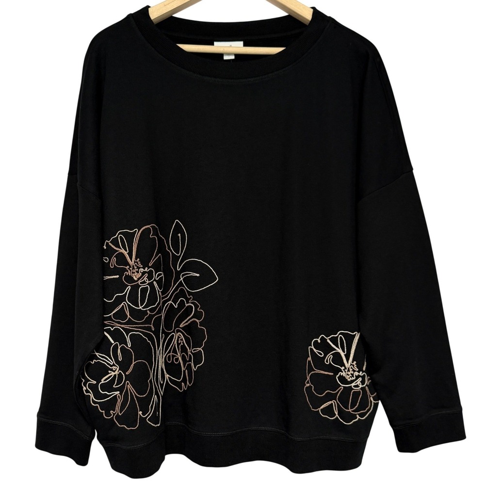 J Jill Embroidered Sweatshirt Top Womens L Black French Terry Knit Crew Neck